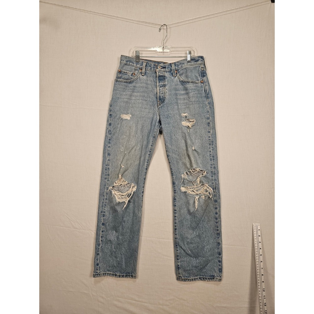 Levis 501 Original Fit Distressed Straight Leg Jeans Light Wash Blue W27 L30